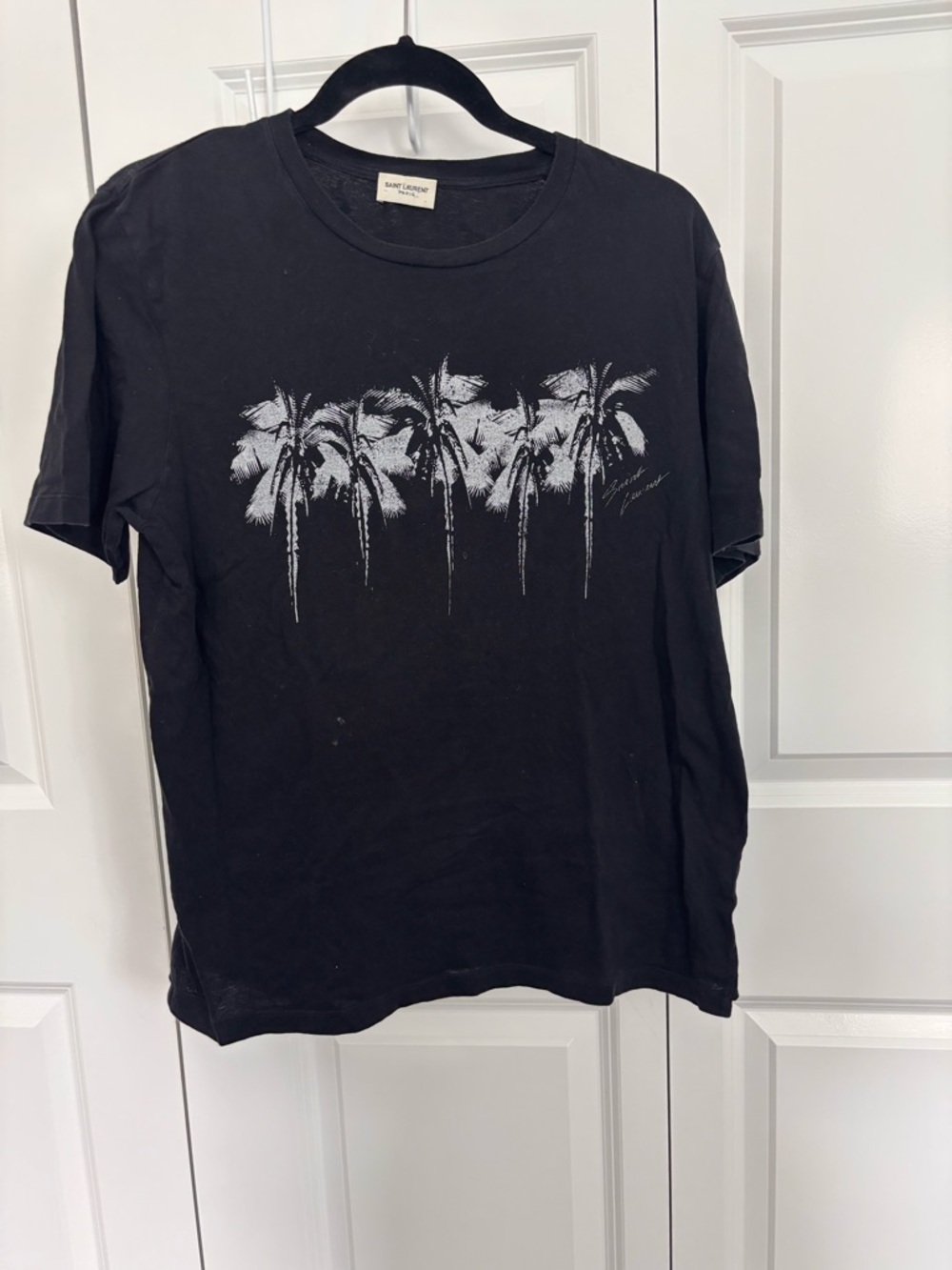 Saint Laurent Black Tee with White Palm Tree Graphic